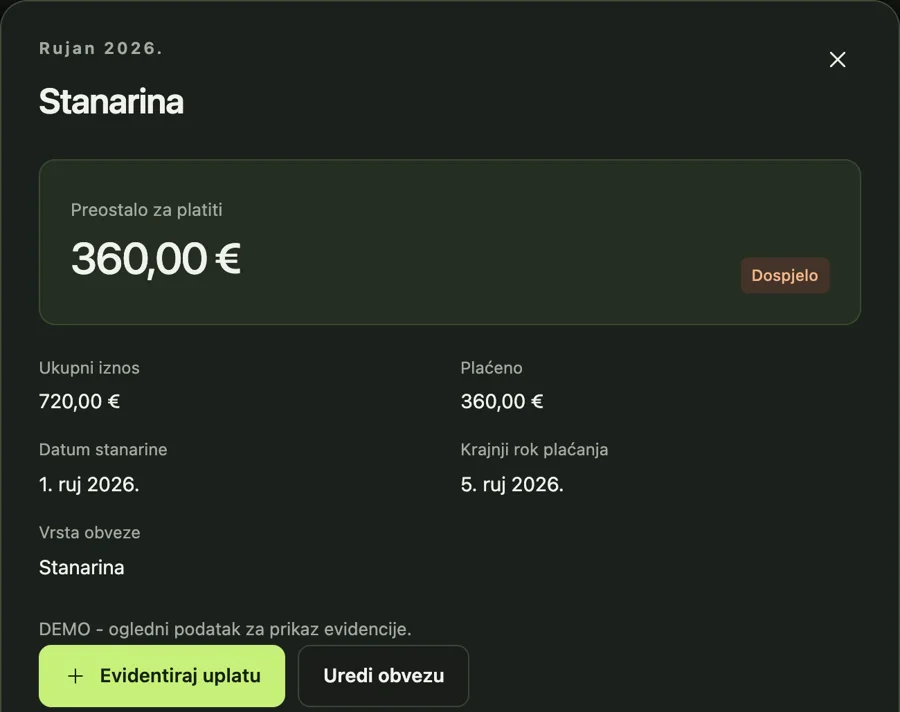 Detalj obveze Stanarina: ukupno 720,00 €, plaćeno 360,00 €, preostalo za platiti 360,00 €.